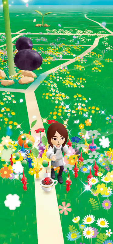 ゲームの中の画像。ピクミンを引き連れて花がたくさん咲く道を歩く女性