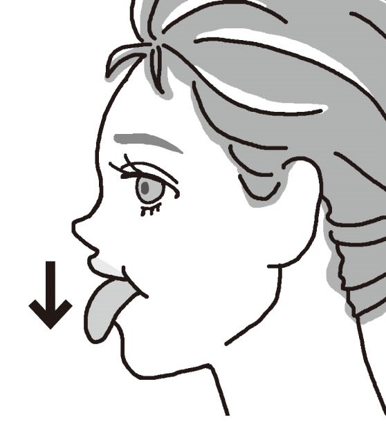 舌をあごにくっつけるように下へ伸ばしている顔のイラスト