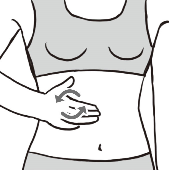 右の肋骨のきわに手のひらを当てて円を描くようになでる女性の腹部イラスト
