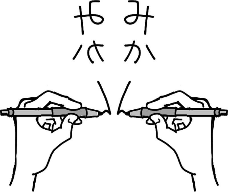 「みかん」を右手と左手でそれぞれ左右対称に書いているイラスト