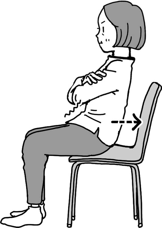イスに浅く座った状態で体を後ろに倒していく女性のイラスト
