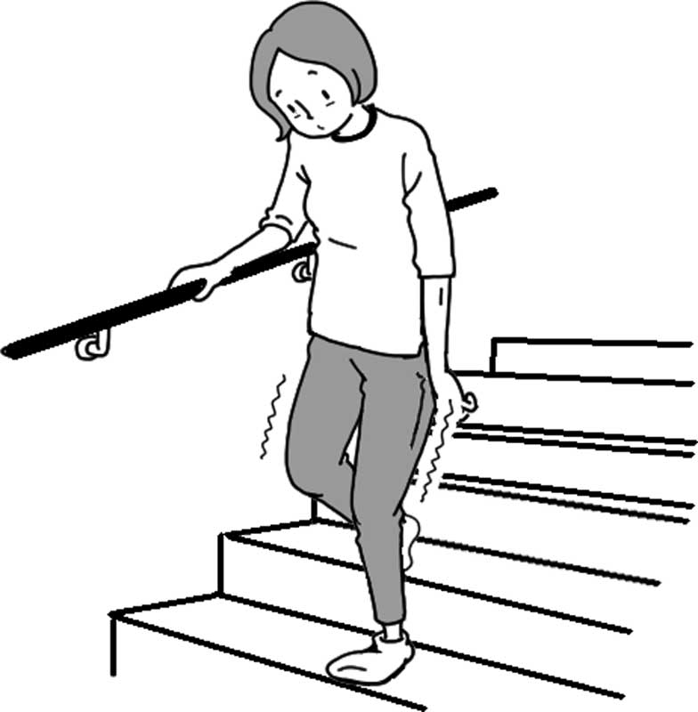 手すりにつかまり階段を降りる女性のイラスト