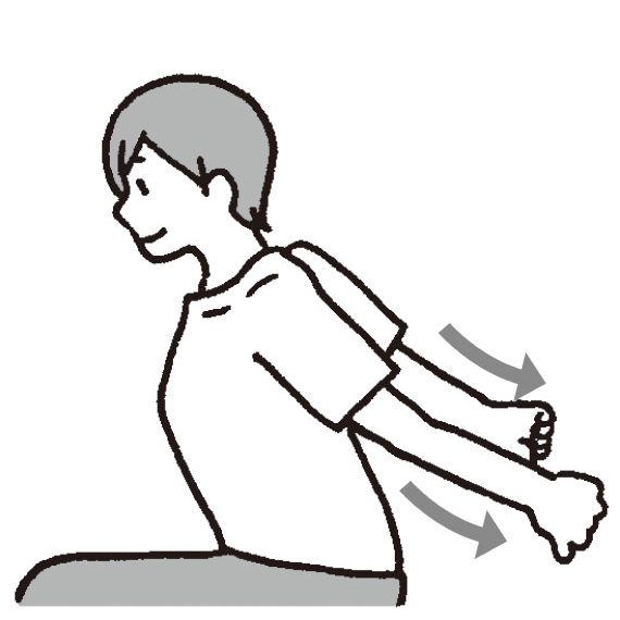 ひじの位置を動かさないように注意しながら、ひじを伸ばして、斜め後ろの方向に振り上げる