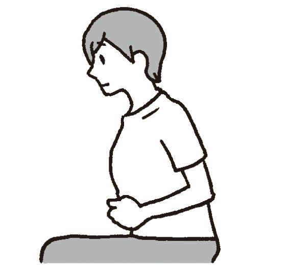 椅子に浅く腰かけ、体を30度ほど前傾させ、ひじを曲げて肩甲骨を寄せる