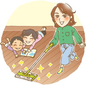 床を掃除している女性