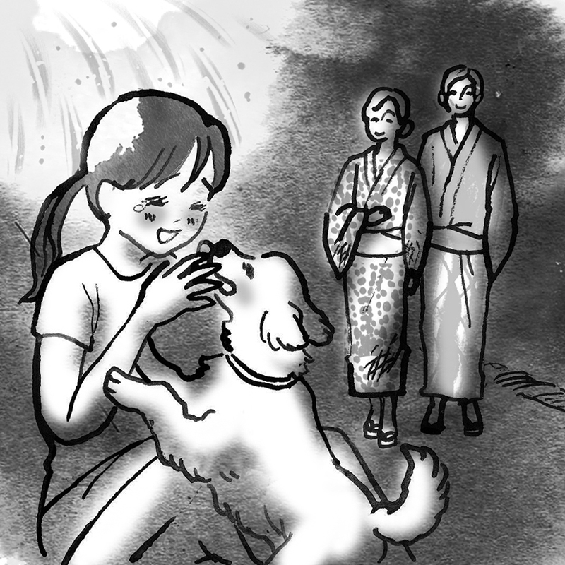 花火をバックに、涙を流し喜ぶ女性とうれしそうに飛びつく犬のイラスト