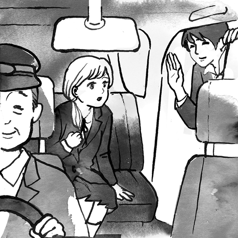 タクシーに乗った女子学生とドアを開けて笑顔を向ける男性のイラスト