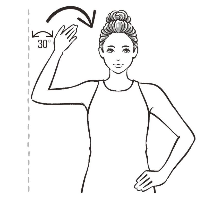 右腕を壁につけて30度後ろ側にねじる女性のイラスト