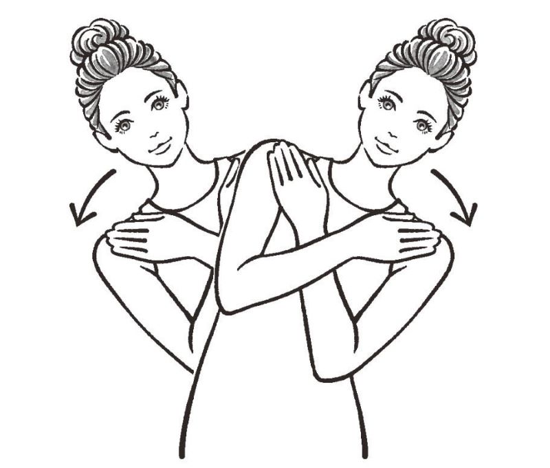 胸の前で両腕を交差させたまま、左右に体を傾ける女性のイラスト