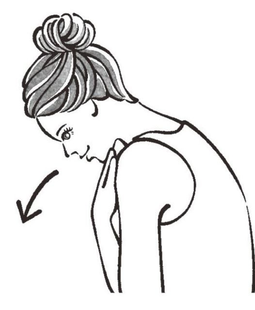 胸の前で両腕を交差させたまま、首と背筋をまるめる女性のイラスト