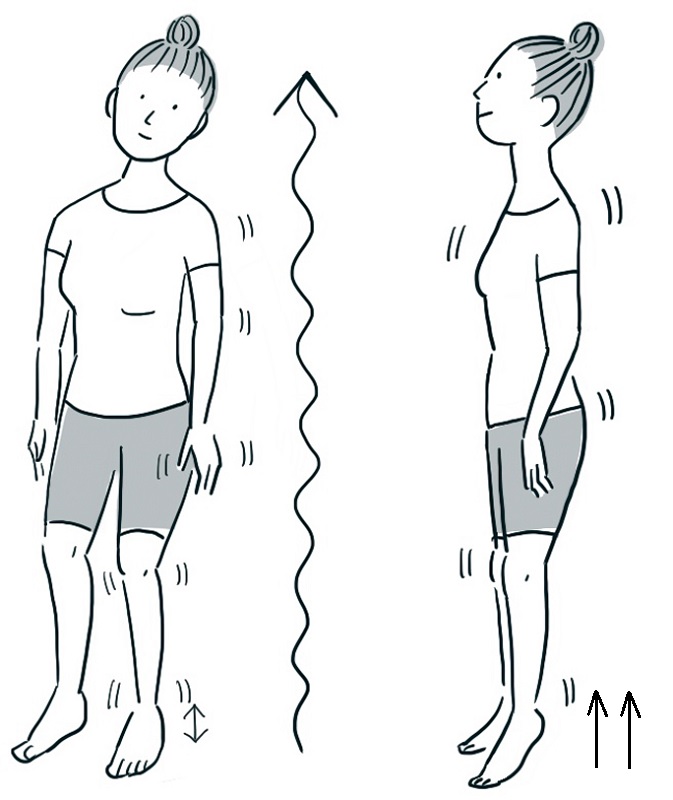 （左図）からだを左に傾け、腕をぶら下げた状態で上下にゆれる。（右図）その場で軽くジャンプ