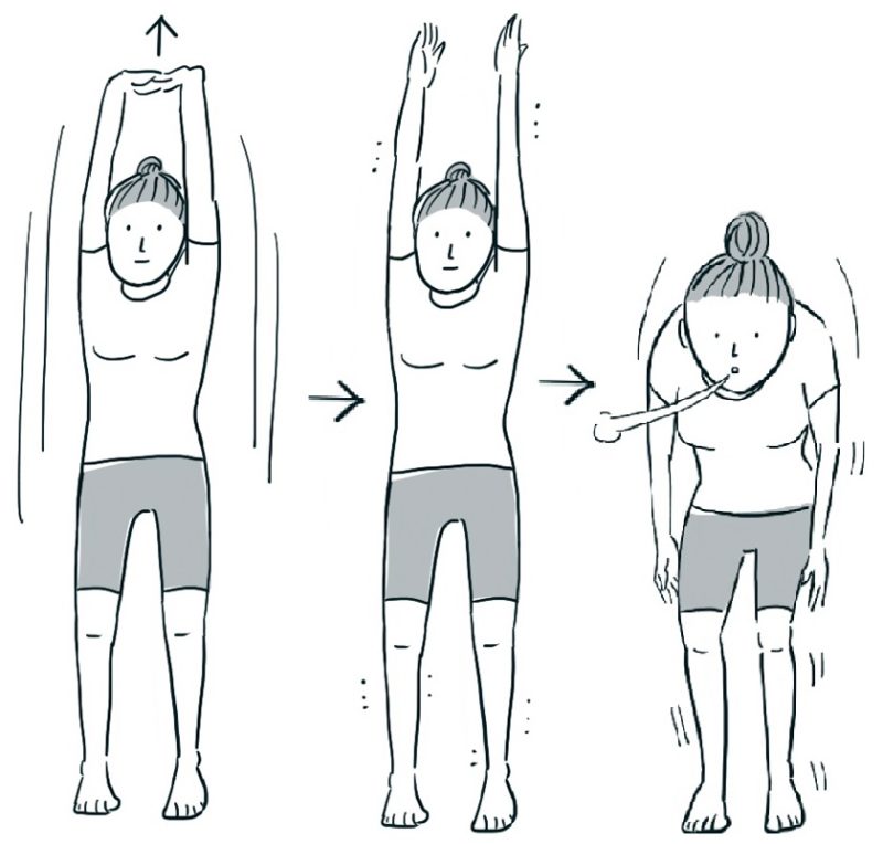 で手のひらを上に腕を上げて全身を伸ばす。（中央図）組んだ指をほどき、腕を上げたまま10秒数える。（右図）息を吐くと同時に腕を真下に落とし脱力