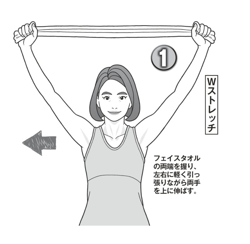 フェイスタオルの両端を握り、左右に軽く引っ張り両手を上に伸ばした女性のイラスト