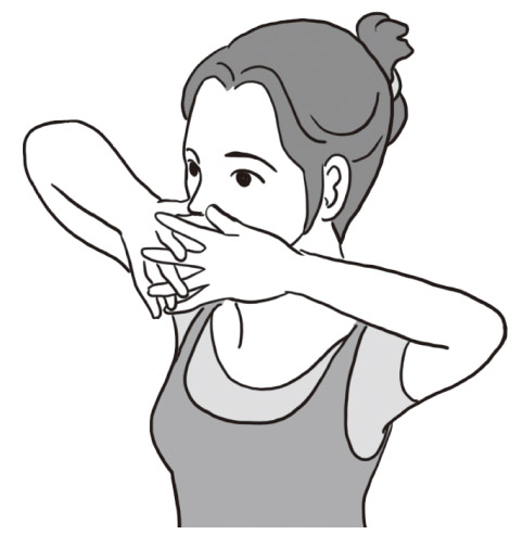 両手をゆるく組んで頰骨の中央に親指の側面を当てて持ち上げた女性のイラスト