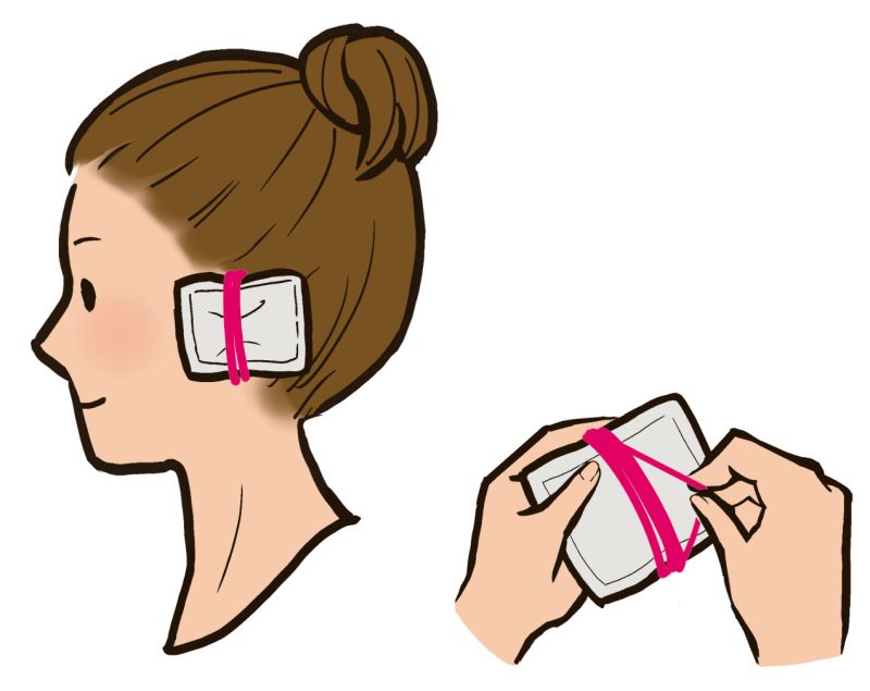 耳にカイロを当てて輪ゴムを巻いて留めた女性の横顔イラスト