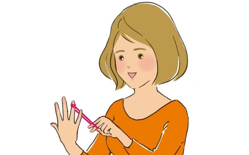 薬指に輪ゴムをかけてひっぱる女性のイラスト