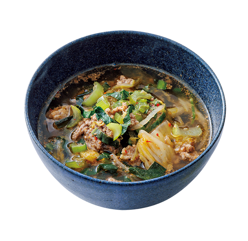 小松菜とひき肉のピリ辛キムチスープ