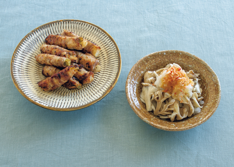 まいたけおろし、うどの豚肉巻き