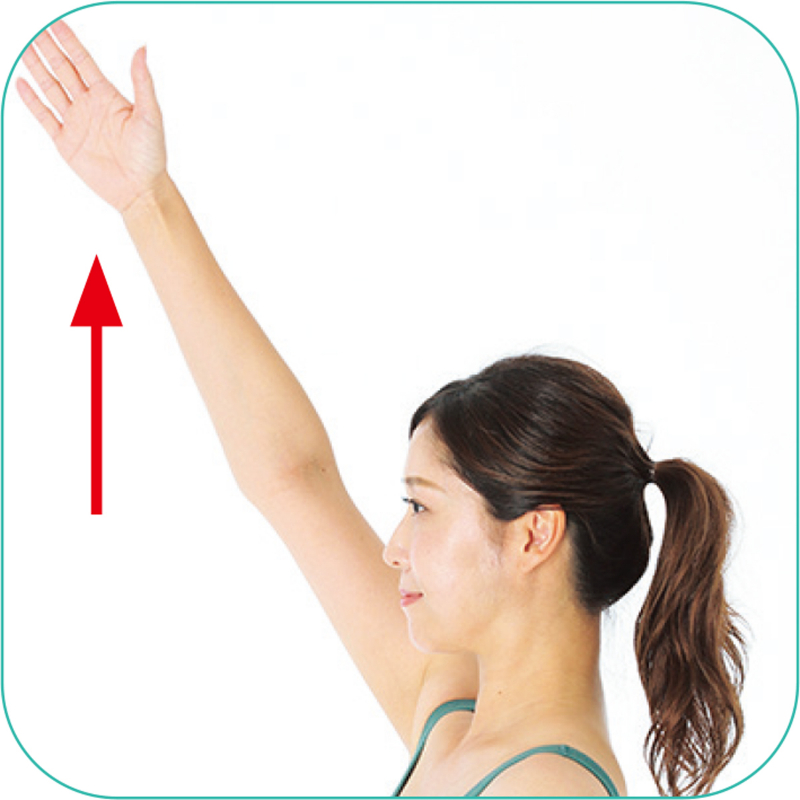 親指を上にし、体の前から肘を伸ばして腕を上げる