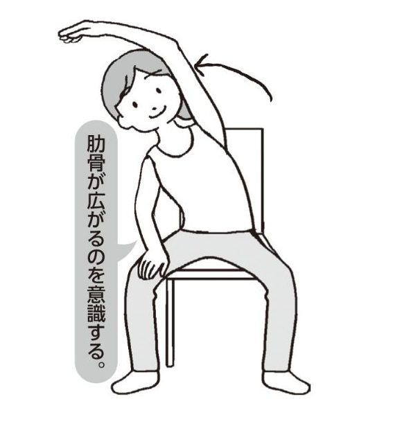 椅子に座り、左手を上げて体を横に倒す女性のイラスト