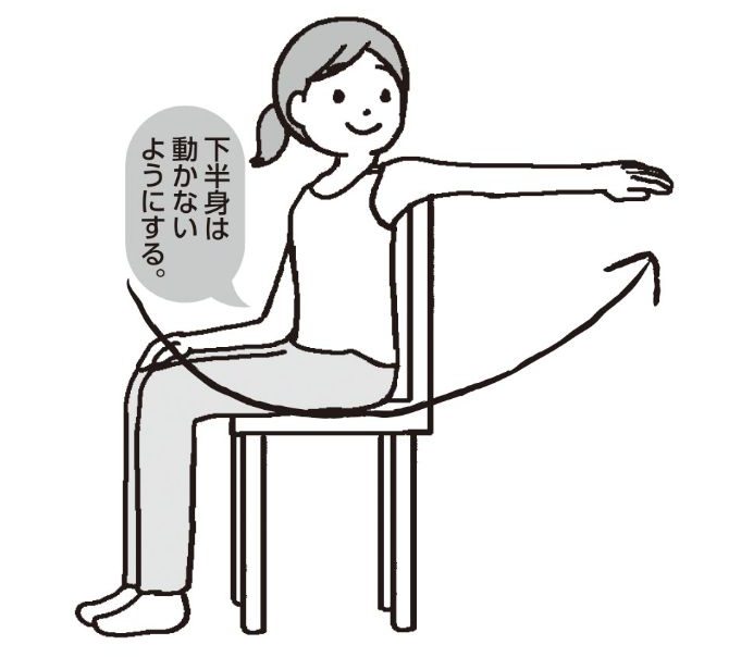 椅子に座り、手を一直線にしたまま後ろに移動させ後ろを振り返る女性のイラスト
