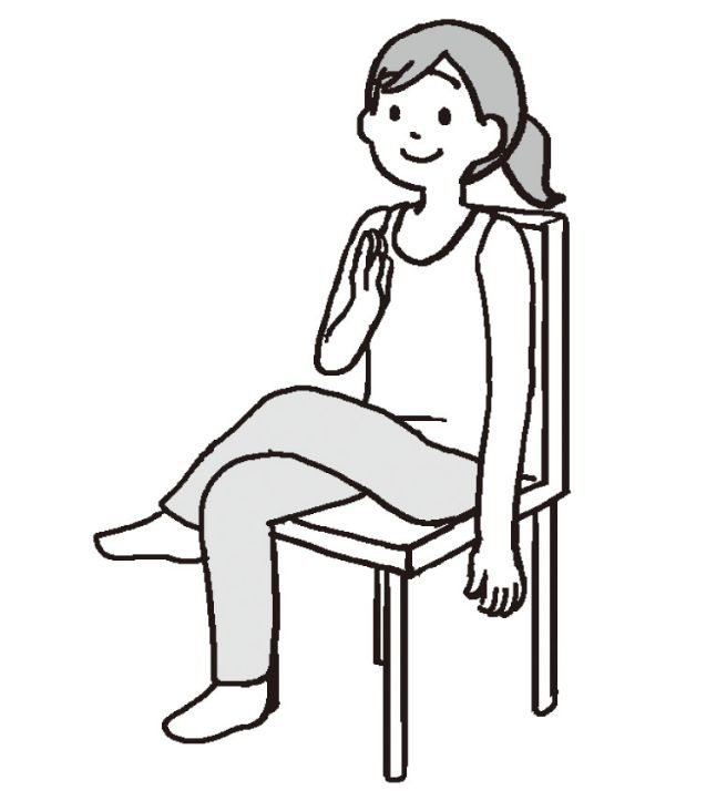 椅子に座り左足を右足にのせて組む。左手は体の横に下ろし、右手は胸の前の姿勢の女性イラスト