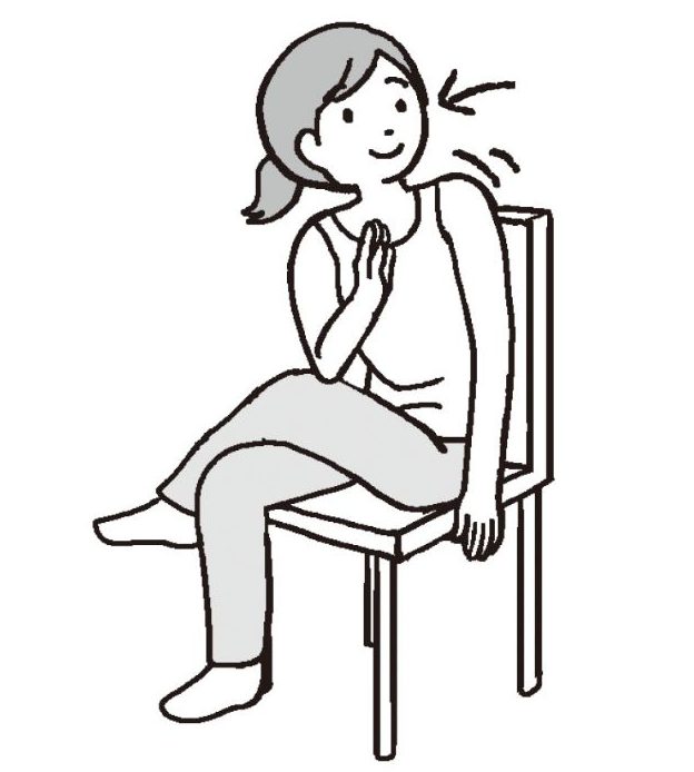 椅子に座り左足を右足にのせて組み、右手のひじを左足のひざの上に置いて左後ろを振り返る女性のイラスト