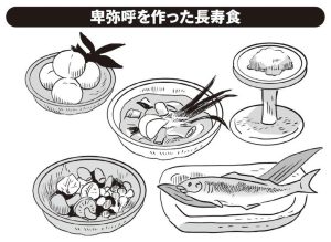 米と雑穀を混ぜた主食に魚、野菜スープ「菜茹」が定番。桃を食したという記録も