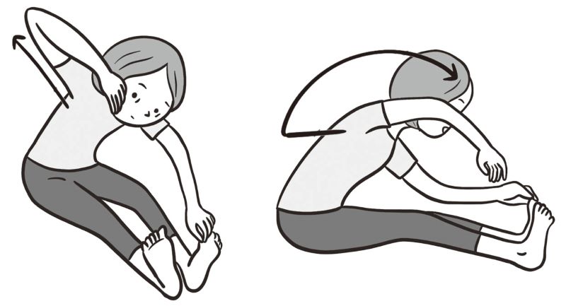両足を伸ばして座った状態でクロールをするようにひじを動かす女性のイラスト