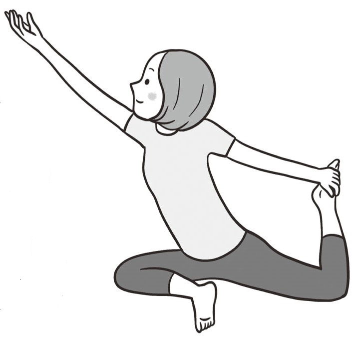 ヨガのハトのポーズの手前、左手で左足の甲をつかみ右手を伸ばす女性のイラスト