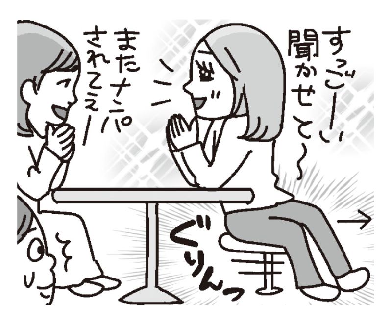 話をしながら上体は前、テーブル下の足の向きを後ろに向けている女性のイラスト