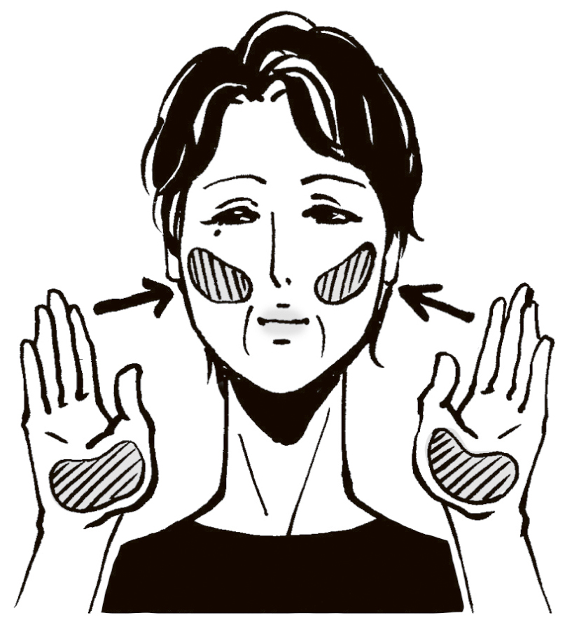 両手の平、頬にしるしを描いた女性のイラスト