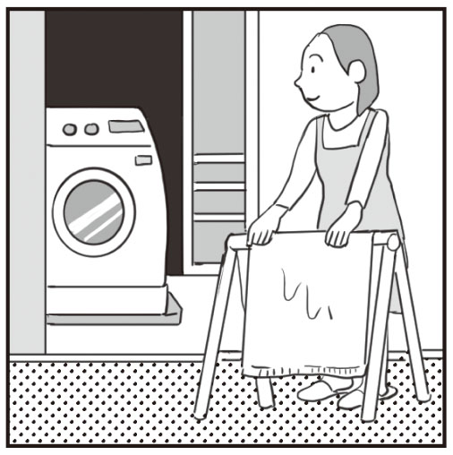 使用済みバスタオルを洗濯前に干す女性のイラスト