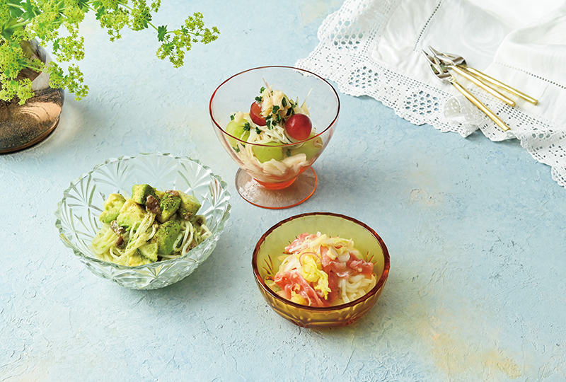 帆立貝とぶどう、白菜と生ハム、アボカドとアンチョビー