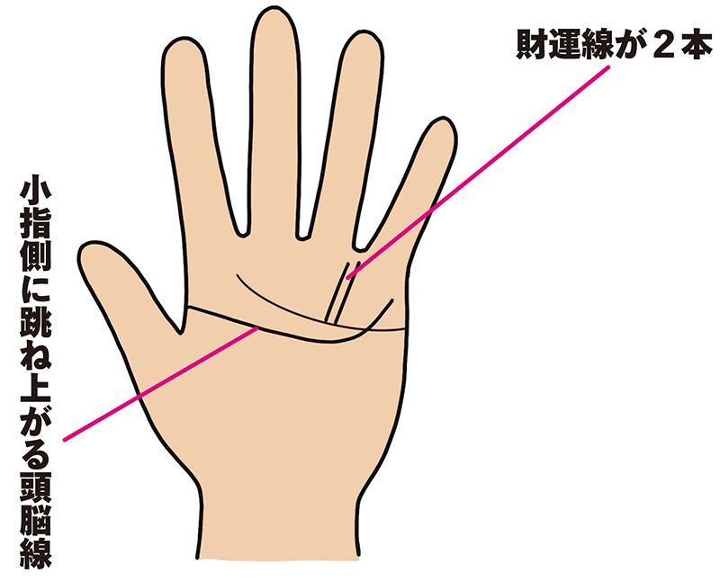 頭脳線の先端が小指側に跳ね上がる